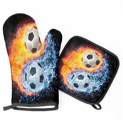Footballers Water Fire Oven Mitts Kitchen Oven Gloves for Cooking Baking Heat Proof Lining Cotton Kitchen Potholder Mittens Pot Holders Hot Pads for Chef Women Men