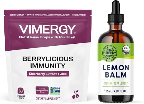 VIMERGY NutriDense Elderberry + Zinc Berrylicious Immunity* Chewables 60 Count & Lemon Balm 115 mL