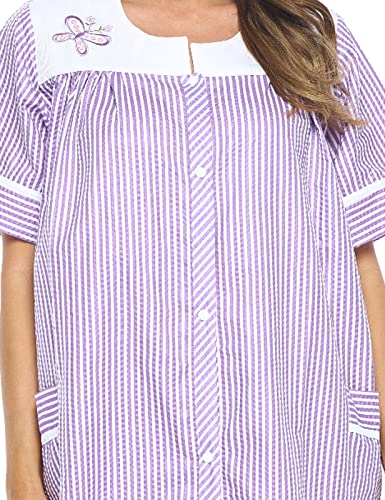 Casual Nights Women's Snap - Front House Dress Short Sleeve Woven Housecoat Duster Lounger Robe With Pockets - Purple Stripe - X-Large #TOP4
