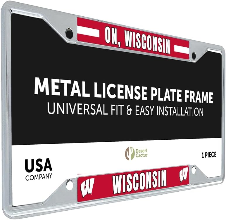 Desert Cactus University of Wisconsin License Plate Frame Badgers UW Madison Holder for Front or Back of Car Metal Car Tag Holder Officially Licensed (Slogan 2)