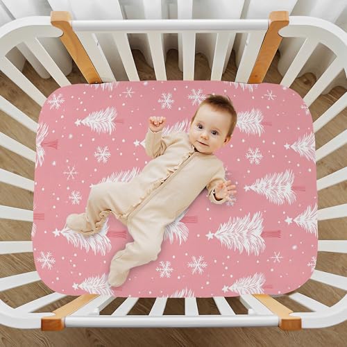 Image of Christmas Pinks Trees Snowflakes Crib Sheets Soft Breathable Fitted Baby Crib Sheets Mattress Cover for Girls Boys, 52 inch x 28 inch x 9 inch