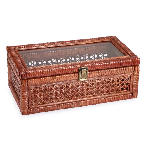 Hipiwe Rattan Display Box with Glass Lid Vintage Wicker Storage Baskets