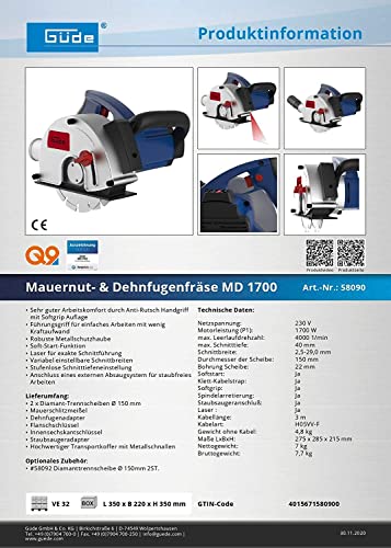 Mauernutfräse Güde MD1700 mit 1700 Watt Leistung