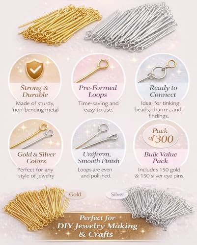 Image of Tia Crafts Eye Pins for Jewellery Making, Earrings & DIY Crafts | Metal Eye Pins with Loop for Beads & Charms | Pack of 300 (Silver)