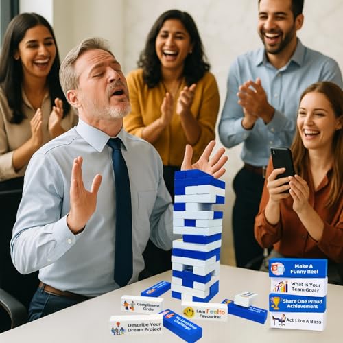 Image of Corporate Activity Tower Blocks | Office Team Building Game | Wooden 54 Activity Blocks for Office Events, HR & Group Activities & Icebreakers | Fun Engagement Game for Employees Bonding