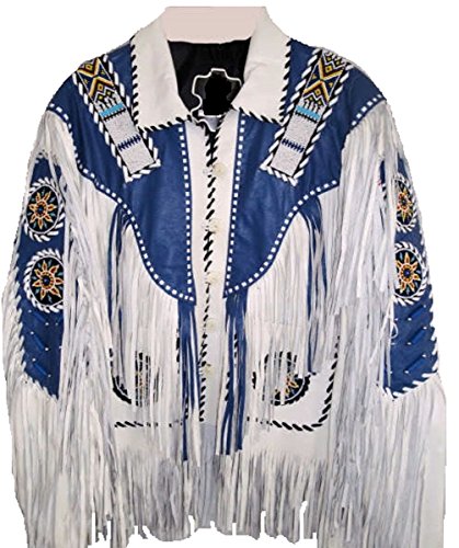 Bestzo Mens Western Cow Leather Jacket with Fringes and Beads White XS-5XL