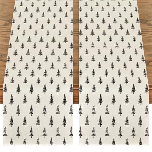 Image of Artoid Mode Beige Xmas Tree 2PCS Christmas Table Runner, Seasonal Winter Kitchen Dining Table Decoration for Home Party Decor 13x72 Inch