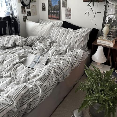 Image of mixinni Washed Cotton Duvet Cover Twin Set - 3 Piece Gray & White Striped Bedding with Pillowcases | Vintage Industrial Style | 100% Cotton Soft Breathable-Twin Size