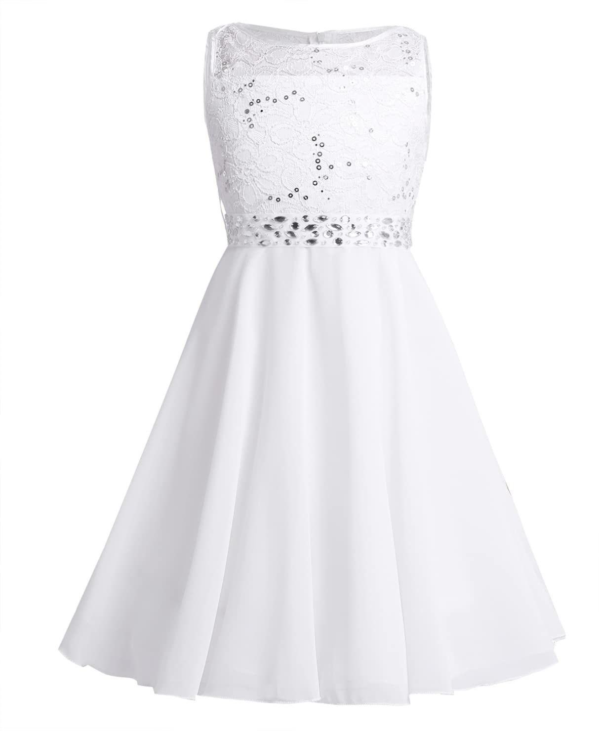 MSemis Vestido Corto de Fiesta Boda para Niña sin Manga Vestido Encaje de Gasa Plisada Elegante Vestidos de Bautizo Bautismo Bordado Flor 2-16 Años