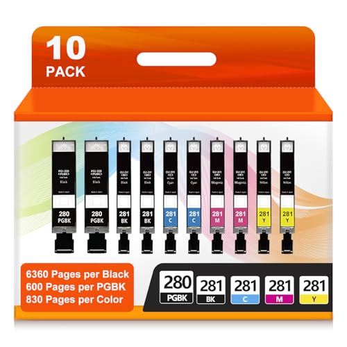 HiPic PGI-280XXL CLI-281XXL Ink Cartridges Replacement for Canon 280 281 280XXL 281XXL Ink Cartridges for TR8620a TR8520 TR8620 TR8600 TR7520 TS6120 TS6220 TS9120 TS6320 TS9520 TS8100 TS8120(10 Pack)