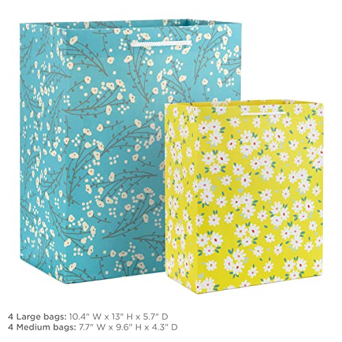 Hallmark Spring Gift Bags in Assorted Sizes (8 Bags: 4 Medium 9", 4 Large 13") Florals, Lemons, Teal, Pink and Yellow for Easter, Birthdays, Mother's Day, Bridal Showers