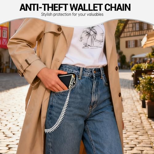 DIKJAK Spiked Rhinestone Chain for Jeans & Necklace - Edgy Streetwear Side Pants Chain Accessory with Studs, Unisex Gothic Punk Waist Chain Gift Silver