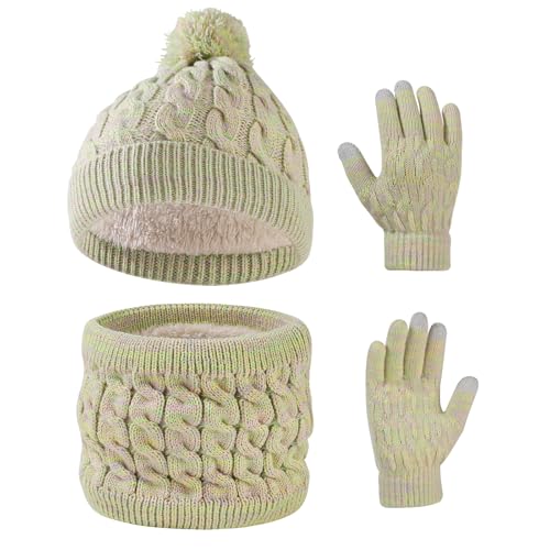 Waylipun Wintermütze Schal Handschuhe Set für Mädchen Jungen, 3 in 1 Warm Winte Strickmütze Kinder Mütze Set mit Plüsch Innenfutter für Kinder 3-10 Jahre (Grün-Mix)
