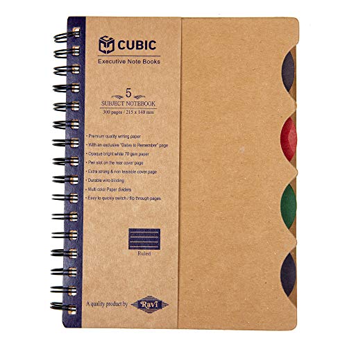 Image of Cubic ECO A5 5-Subject Spiral Notebook - 300 Ruled Pages | Eco-Friendly Kraft Cover | Sturdy Wiro Binding | Ideal for School, Office & Personal Notes (Blue)