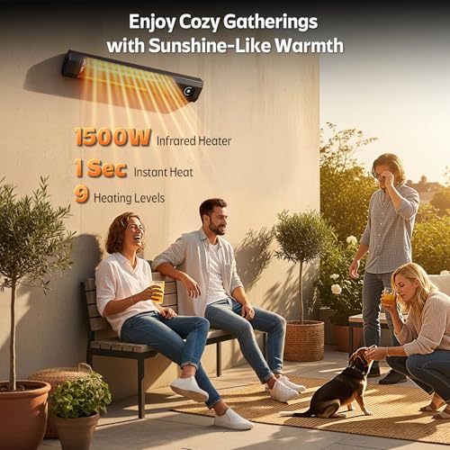 Image of Wall-Mounted Electric Patio Heater, 34 inch 1500W Infrared Heater With Motion Sensor, IPX5 Waterproof, 9 Heat Level & 9H Timer, Indoor & Outdoor Heaters for Patio, Backyard, Garage, and Decks