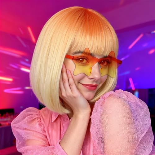 Image of ANOGOL Hair Cap + (Sunglasses) Orange Gradient Bob Wig with Bangs Womens Party Wigs with Star-Shaped Glasses Short Neon Wig Daily Party Fun Wigs Women Halloween Costume Bachelorette Hair