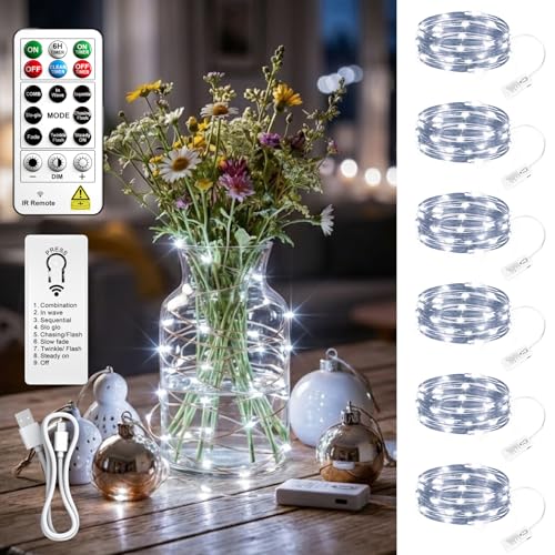 Image of 6 Pack Rechargeable Fairy Lights,7ft 20LEDs, Remote & DIY Timer | Dimmable Silver Wire, Mini Twinkle Lights, For Mason Jar, Indoor Christmas Bedroom Wedding Decor, White
