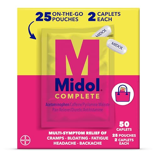 Midol Complete On The Go Caplets with Acetaminophen for Menstrual Symptom Relief, Period Cramp and Menstrual Pain Relief, 50 Count (25 Pouches of 2)