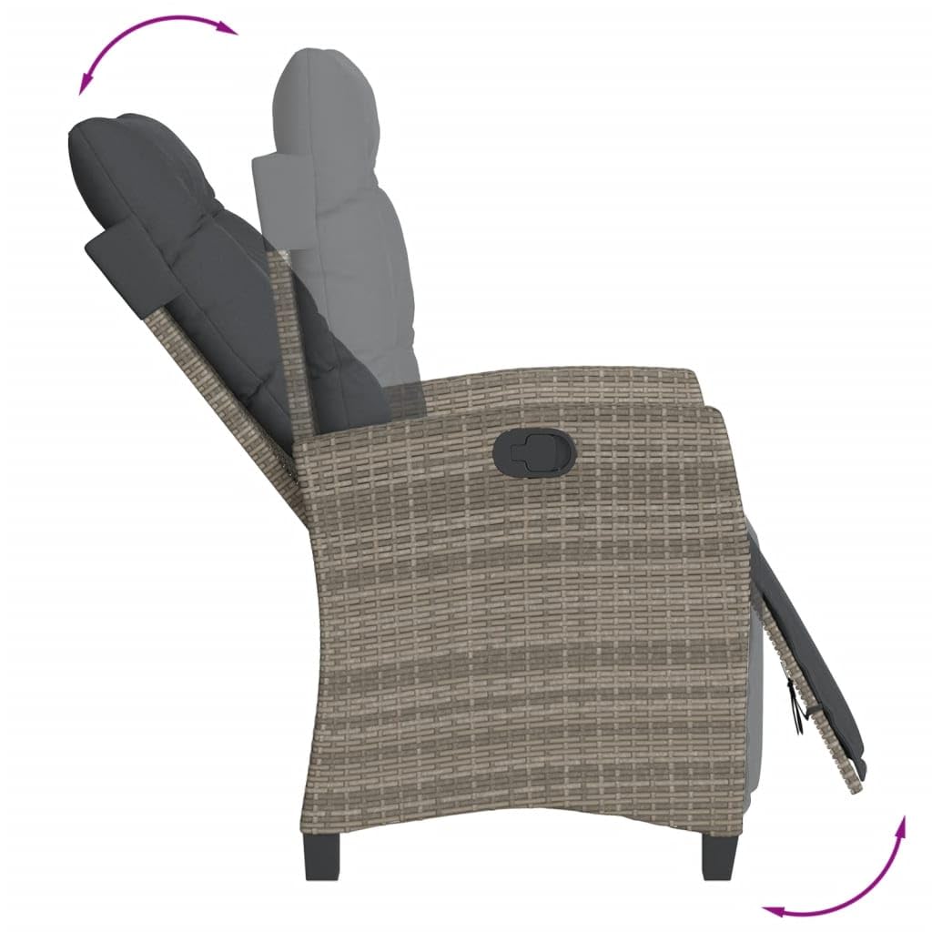 Poltrona reclinabile da giardino con poggiapiedi regolabile in rattan sintetico grigio per esterni, struttura robusta in acciaio e cuscini sfoderabili lavabili in materiale durevole