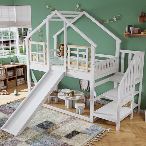 Aoskem Kinderbett Etagenbett 90x200, Hochbett Hausbett Holzbett mit Treppe & Rutsche, Bettgestell mit Rausfallschutz und Gitter, Bett mit 1x...