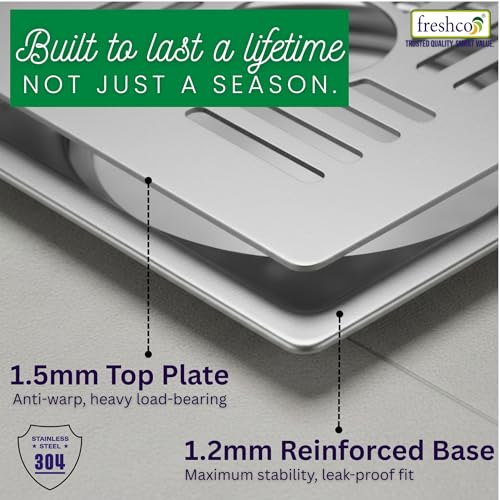 Image of Freshco 5x5 SS 304 Floor Drain Jali - Capsule Design (with Hole) - for Washing Machine Pipe - Includes Anti-Odor Cockroach Trap - Heavy Duty 1.5mm Thick Grating - Fits 110mm Pipe