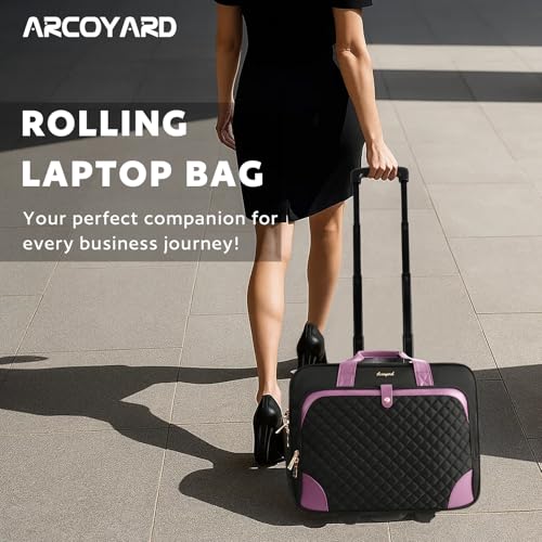 Rolling Laptop Bag, Rolling Briefcase for Women with Waterproof Pocket, 16 Inch Computer Bag, Underseat Carry On Luggage with Wheels for Work Travel Business, Lightweight Black Purple - Image 3
