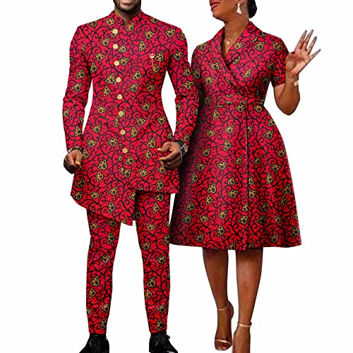 African Men's Suit Single-Breasted Fitted Jacket with Clothes Women's Print Belt Lapel Skirt Trench Coat Couple