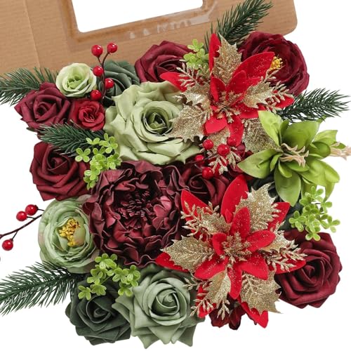 YiYunFloral Christmas Artificial Flowers Box Silk Fake Roses with Stems for DIY Christmas Tree Wreath Decor,Floral Arrangement Cake Table Centerpieces Wedding Bouquet Baby Shower Birthday Home Decor