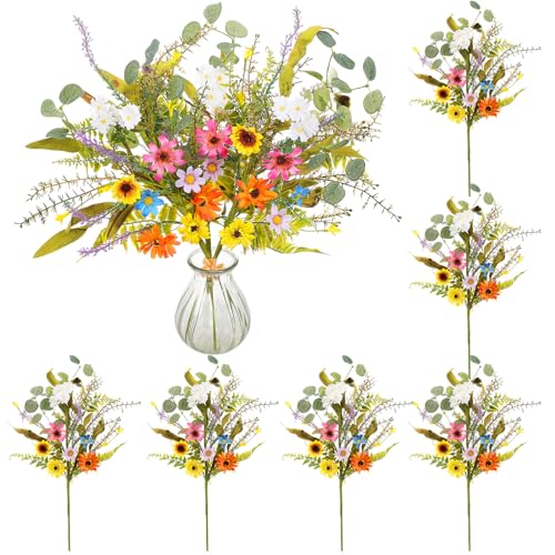 Hotop 6 Pcs Spring Flowers Floral Picks Artificial Mixed Color Wildflower Daisy Bouquet Colorful Spring Flowers for Vases Centerpieces Flower Arrangements and Easter Decor
