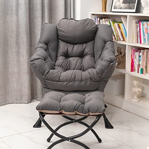 Welnow Lazy Chair With Ottoman, Modern Lounge Accent Chair With Armrests And A Side Pocket, Leisure Upholstered Sofa Chair Set, Reading Chair With Footrest For Small Space, Corner Chair, Dark Grey #TOP3
