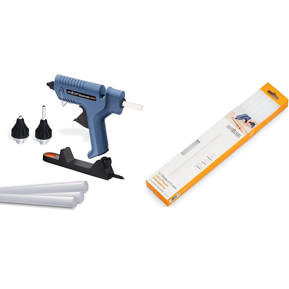Steinel Heißklebe-Pistole Gluematic 5000, Ladestation, Abtropfschale, kabellos, inkl. 5 Klebesticks 11 mm und 2 Düsen & Klebesticks Ultra Power, 11 mm Durchmesser, 10 Sticks, 250g