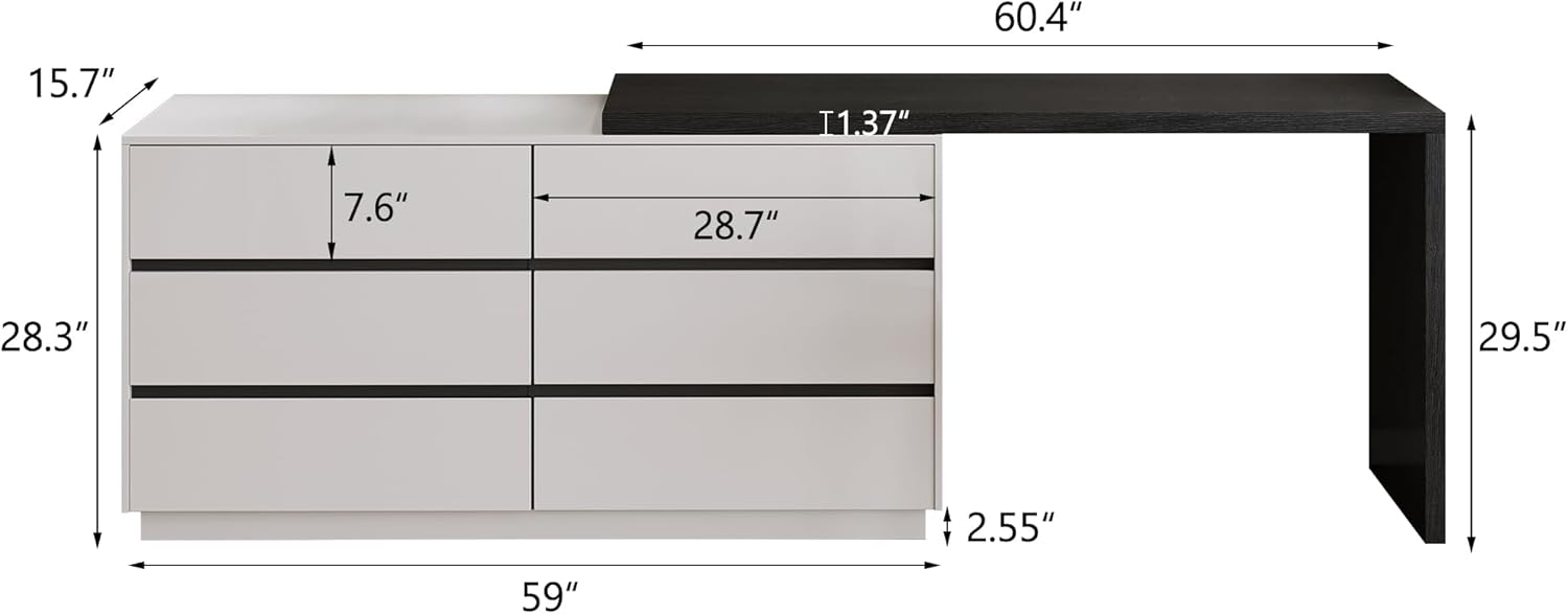 59" Adjustable L-Shaped Vanity Desk with 6 Storage Drawers, Extendable Makeup Table for Bedroom, Modern Dressing Table for Bedroom, Apartment or Home, Black and White