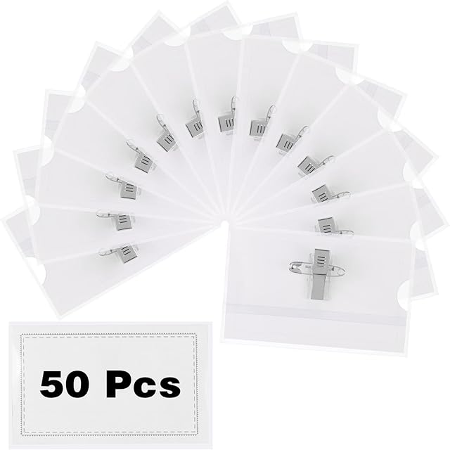 50 Sets Clear Name Badges with Crocodile Clip and Safety Pin, Horizontal Name Tag Badge ID Card Holders for Schools, Colleges, Offices Corporate Conference