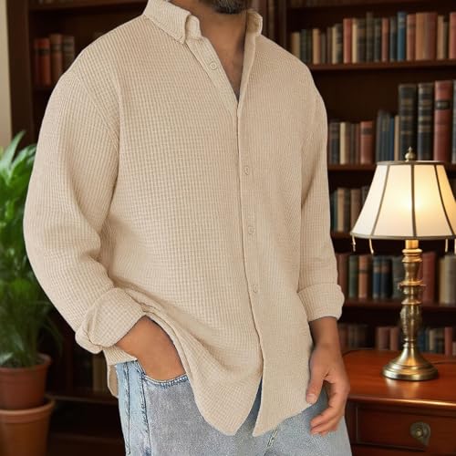 Mokaloha Mens Long Sleeve Shirts Waffle, Men's Stylish Casual Everyday Waffle Lapel Shirt Button Classic Comfortable4