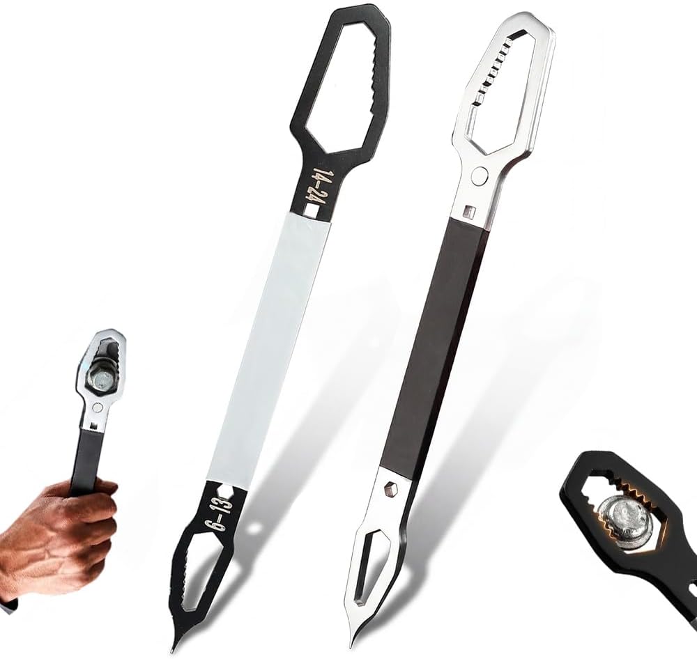 Universal Double Ended Wrench, Adjustable Self Tightening Wrench 6-24mm, Forged Steel Heavy Duty Wrenches with Anti Slip Teeth, Multi-Wrench for Auto Bike Plumbing, Silver & Black