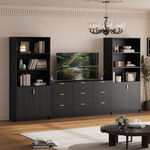 Black 3-Piece TV Stand with Bookshelves and Drawers