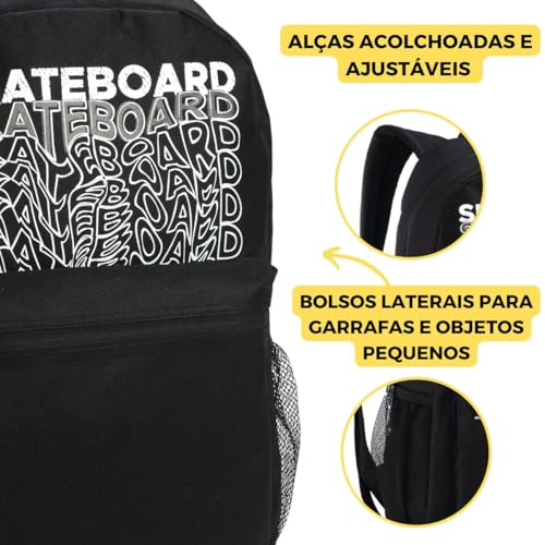 Mochila Juvenil Grafite Skate Surfing Escolar Reforçada (PRETO)