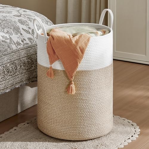 SONGMICS Laundry Hamper, Cotton Rope Laundry Basket with Handles, for Children, Toys, Clothing, Living Room, Bedroom, 21.1 Gallons, 15.7 x 15.7 x 23.6 Inches, White and Grayish Brown URLH062