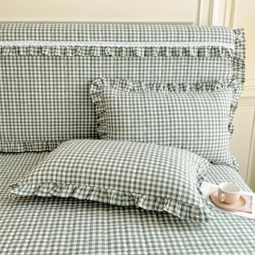Image of LifeTB Queen Comforter Set Green Gingham Comforter Vintage Ruffle Checkered Pattern Comforter Set Chic Grid Plaid Bedding Comforter Lightweight Fluffy Soft Gingham Bedding Set Queen Breathable
