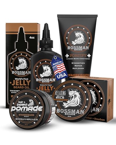 Bossman Essentials Beard Kit for Men + Beard Pomade Bundle (Set of 4, 16 oz in Total) - Oil Jelly, Fortifying Conditioner, Balm, Pomade - Grooming Growth Care Set (Stagecoach)