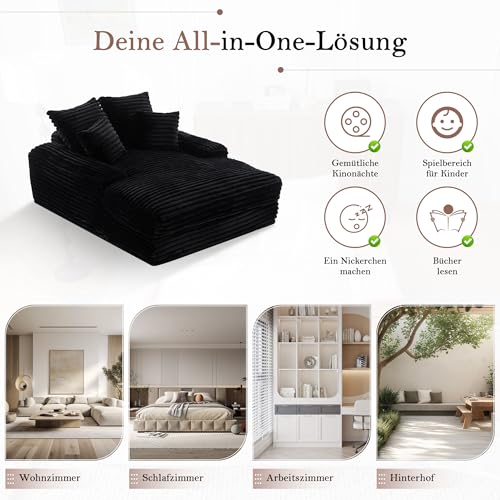 Yihomfy Cord Samt Lounge Sofa, 137x175 cm, Daybed & Lounger für Wohnzimmer, 2-Sitzer Couch, Extra Bequemes Sofa zum Liegen, Zum Ausstrecken und Entspannen, Schwarz