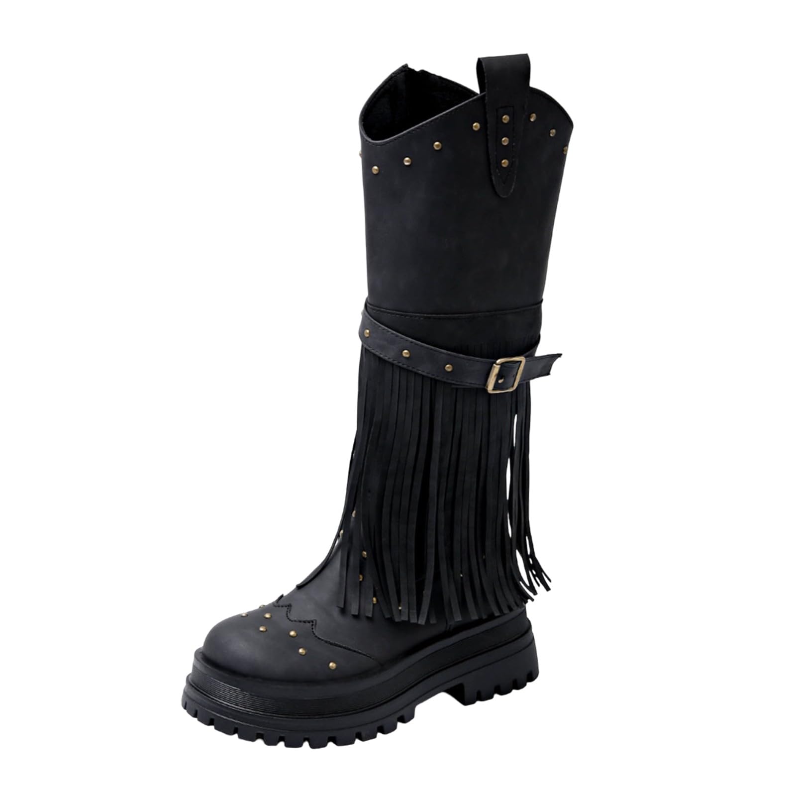 Botas por encima de la rodilla para mujer, botas de caña ancha, botas altas de moda con detalle de flecos, suela de plataforma, cómoda cremallera lateral, botas de otoño/invierno