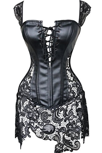 Beauty_Outlet ALING Women's Sexy Faux Leather Shoulder Strap Corset Dress Bustier Lace Skirt Black