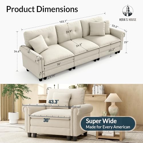Image of HERA'S HOUSE 103.1 inch Modular Sectional Couch for Living Room Deep Seats | Mid-Century Modern 3-Seater Cloud Sofa, Beige, Rolled Arms & Nailhead Trim, Wider Deeper Seats, Soft Chenille