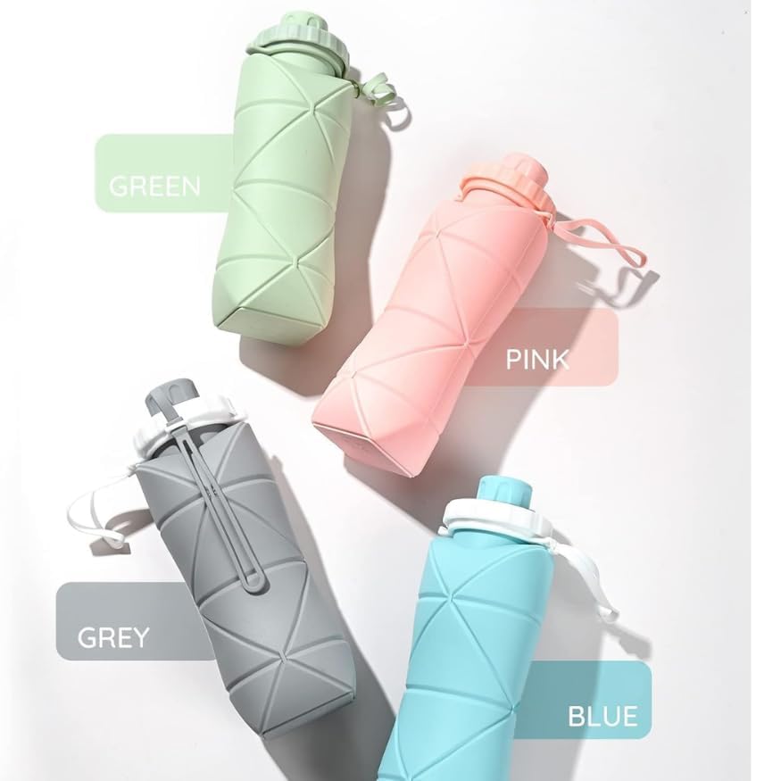 Image of Folding Silicone Water Bottle - Collapsible bottle for Travel, Cycling, Gym, Camping - 600 Ml, Leak-proof Lid, BPA-Free Wide Mouth, Durable, Foldable Bottle (Multicolor)