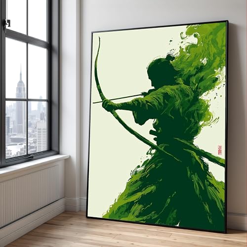 Art mural à l'encre verte samouraï sur toile de lin haut de gamme