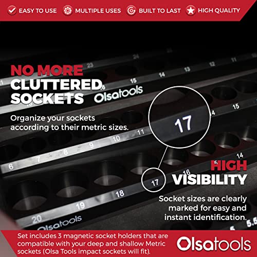 Image of Olsa Tools Magnetic Socket Organizer - 3-Piece Drive Metric Socket Holder Set with Strong Magnets - Professional Tool Holder and Organizer - Stores up to 75 Sockets - Black - Part: 1151