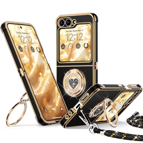 XYZ für Samsung Galaxy Z Flip 5 / Flip 6 Hülle mit Band Herzen Doppelring Ständer HandyHülle Handykette Frauen Mädchen Dünn Stoßfeste Anti-Kratzt SchutzHülle für Samsung Z Flip 5/Flip 6 Case Schwarz