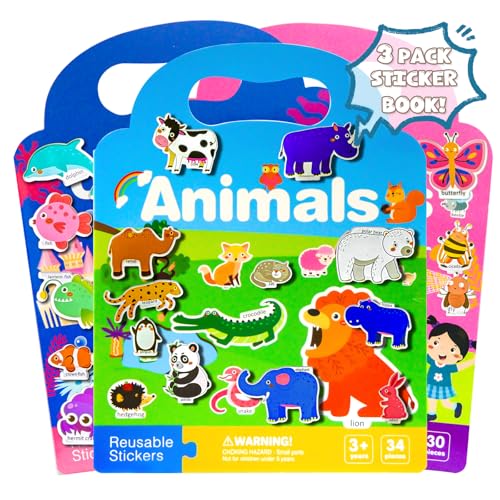 Image of Reusable Sticker Books for Toddlers 1-3, Puffy Stickers Book for Kids Ages 2-4, Toddler Travel Essential Activities Toys for Boys Girls Birthday Christmas - Animal, Ocean and Insect (3 Set)