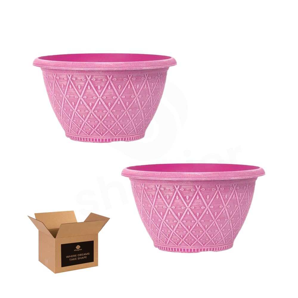 shopior Prisma Bowl Planter 25cm (10 Inch) 4L | Decorative Round Plastic Plant Pot for Indoor & Outdoor Use, Weatherproof Garden Decor Flower Pot for Herbs & Small Plants (Raspberry Pink - Pack 2)